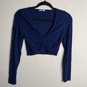 Reformation Women's XS Navy Long Sleeve Deep V Neck Ruched Crop Top Casual‎ Soft